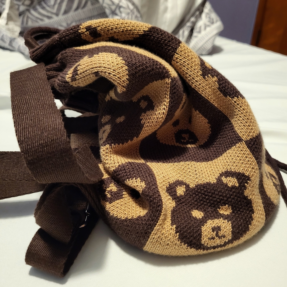 Teddy Fresh Brown and Tan Bear Pattern Knit Bag